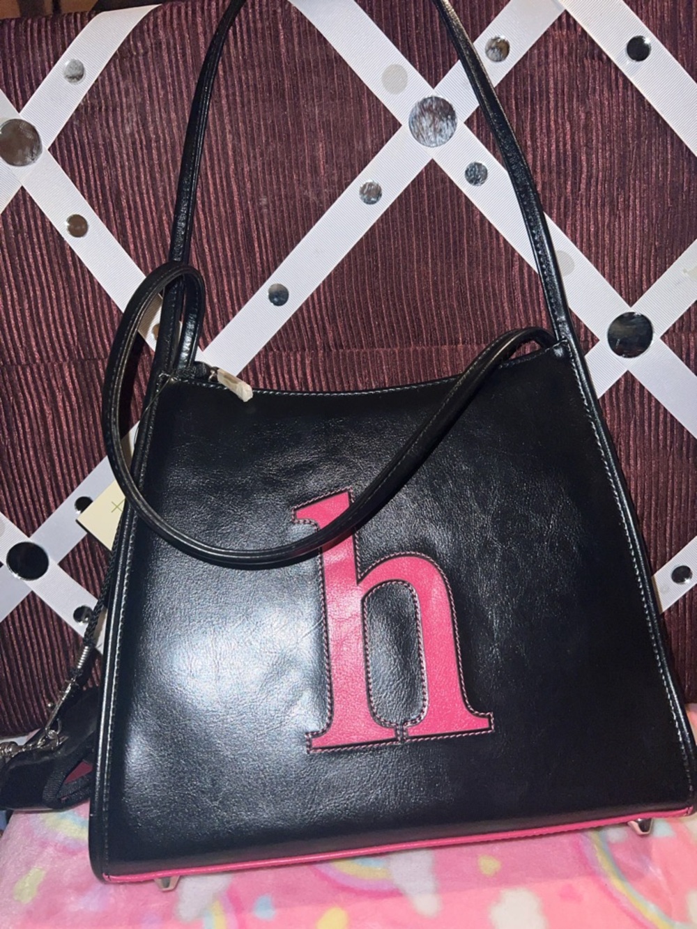 Black Shoulder Bag with Pink 'h' Accent